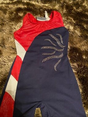Girls Navy and Red Dance Costume Leotard with Rhinestone Accent